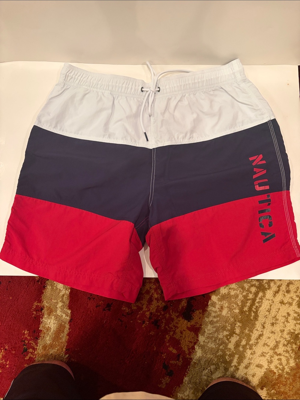 Nautica Men’s Tri-Color Red Navy White Swim Trunks
